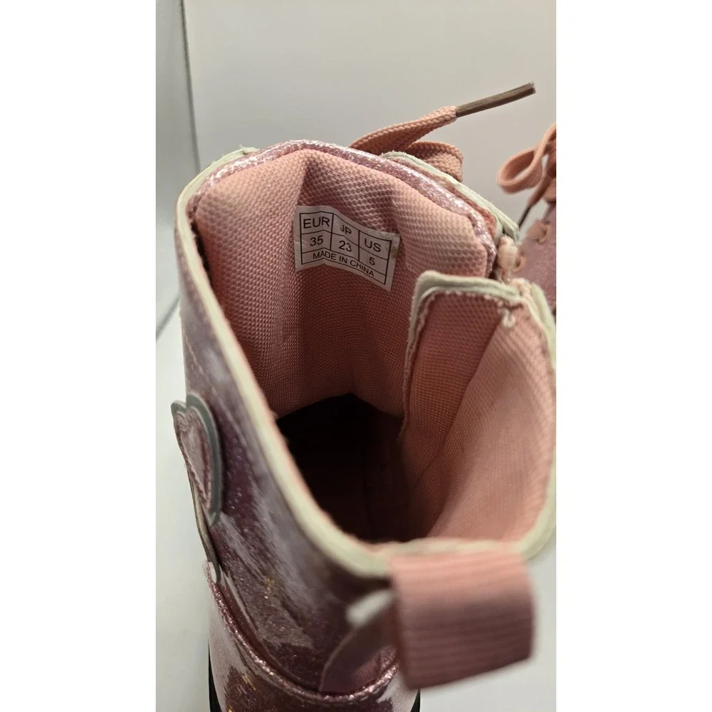 Girls Pink Glitter Combat Boots Heart Detail Lace Up Side Zip Chunky Sole US 5